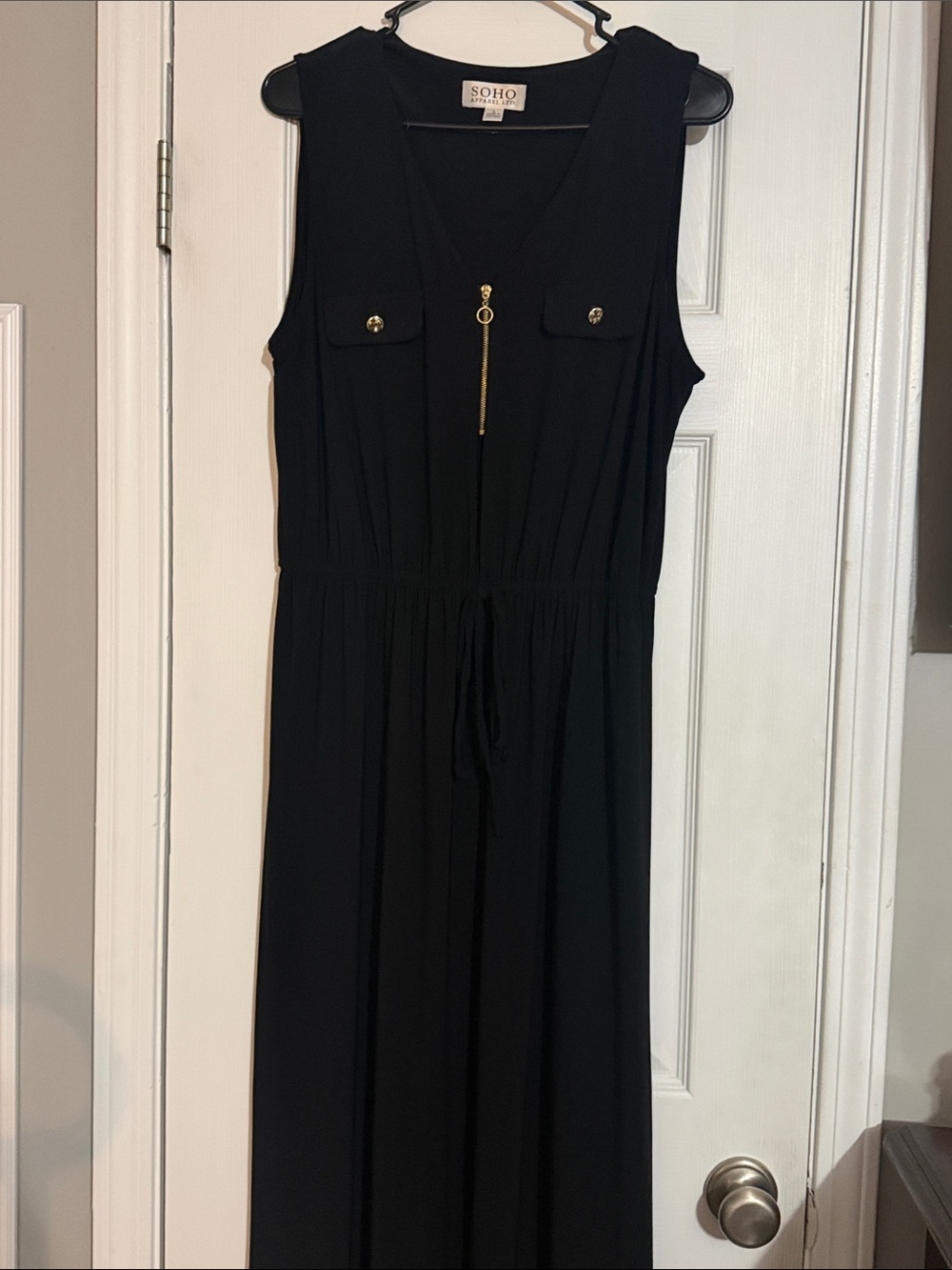 SOHO Black Sleeveless Maxi Dress with Gold Zip & Drawstring